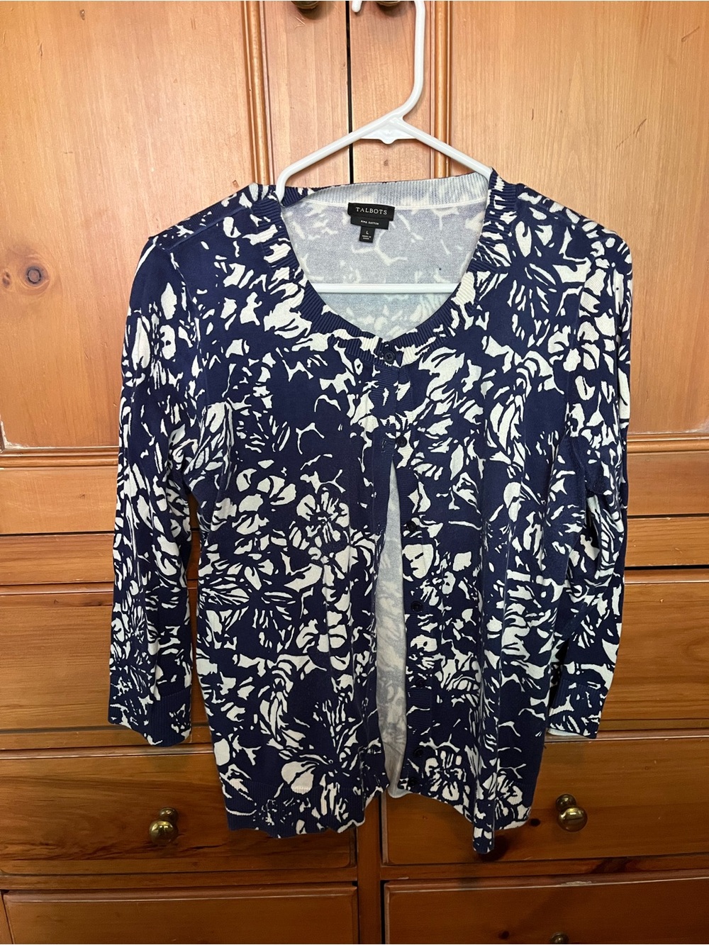 Talbots Navy and White Floral Charming Cardigan Sweater